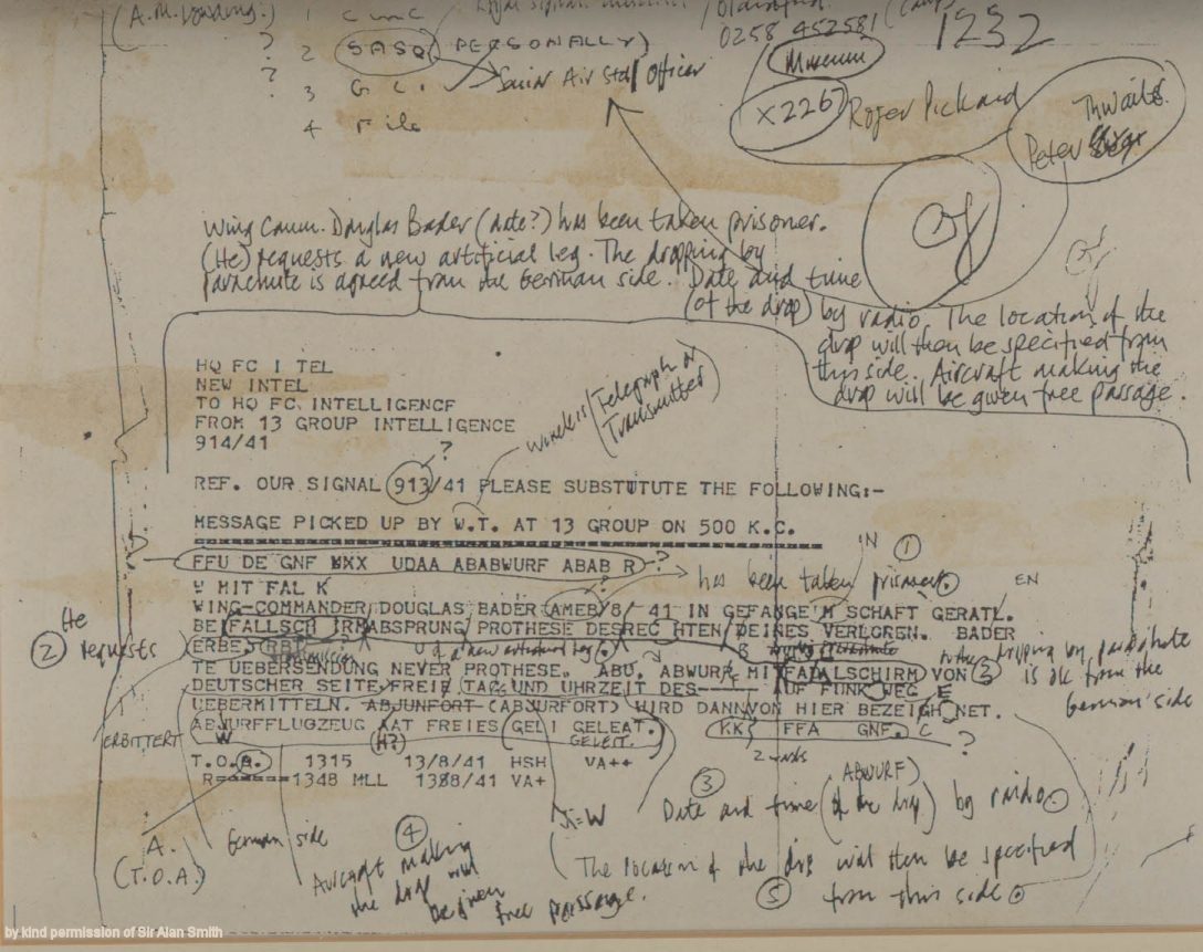 Signal telling about Bader's capture and arrangements to fly spare legs